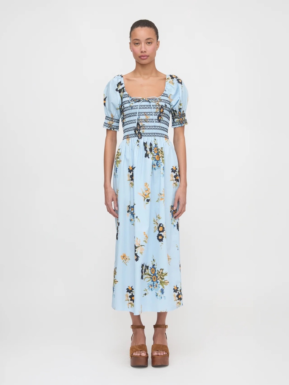 Light Blue Floral Maxi Dress with Smocked Bodice